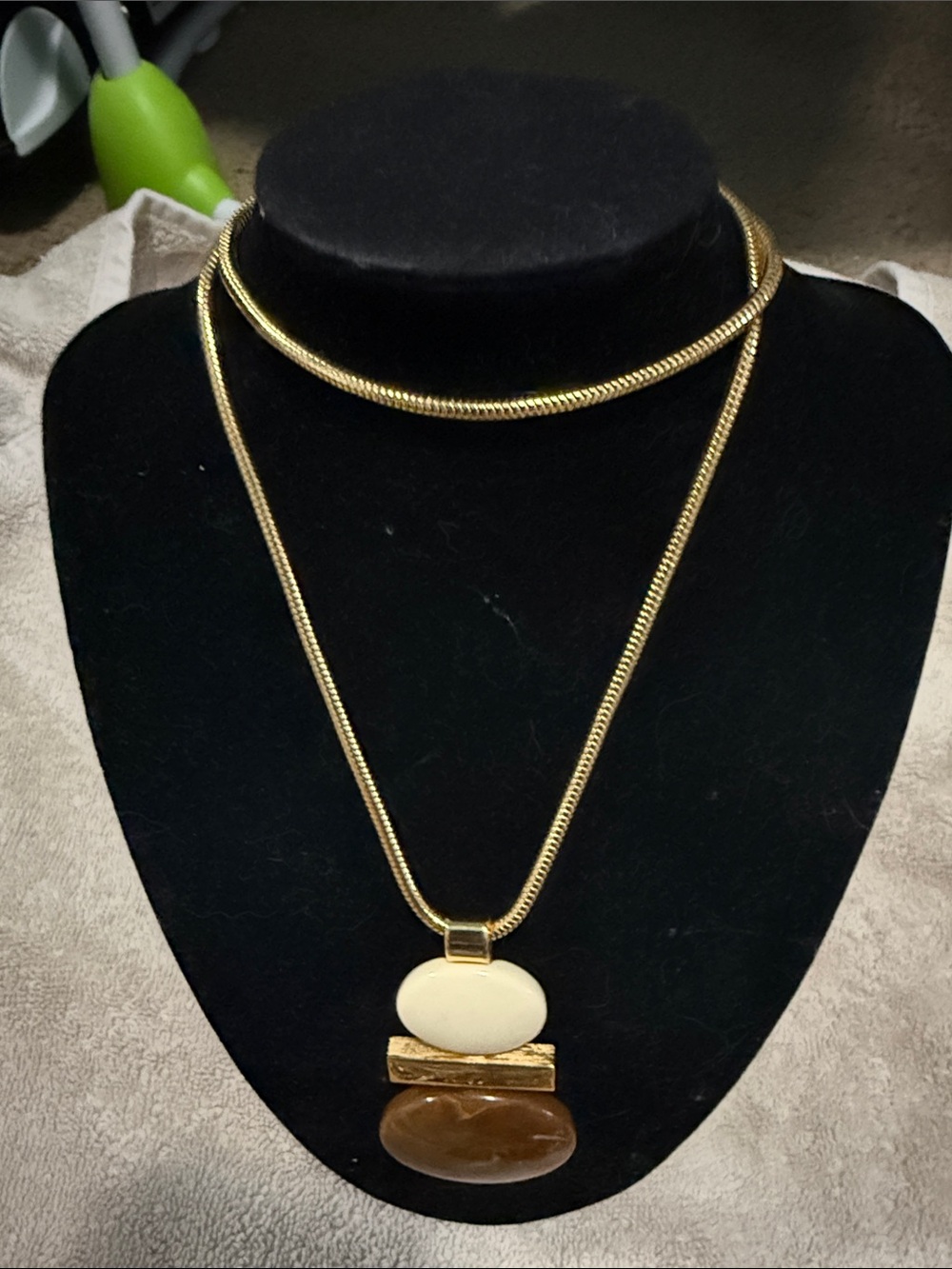 Avon Gold Tone Layered Necklace with Cream and Brown Stones